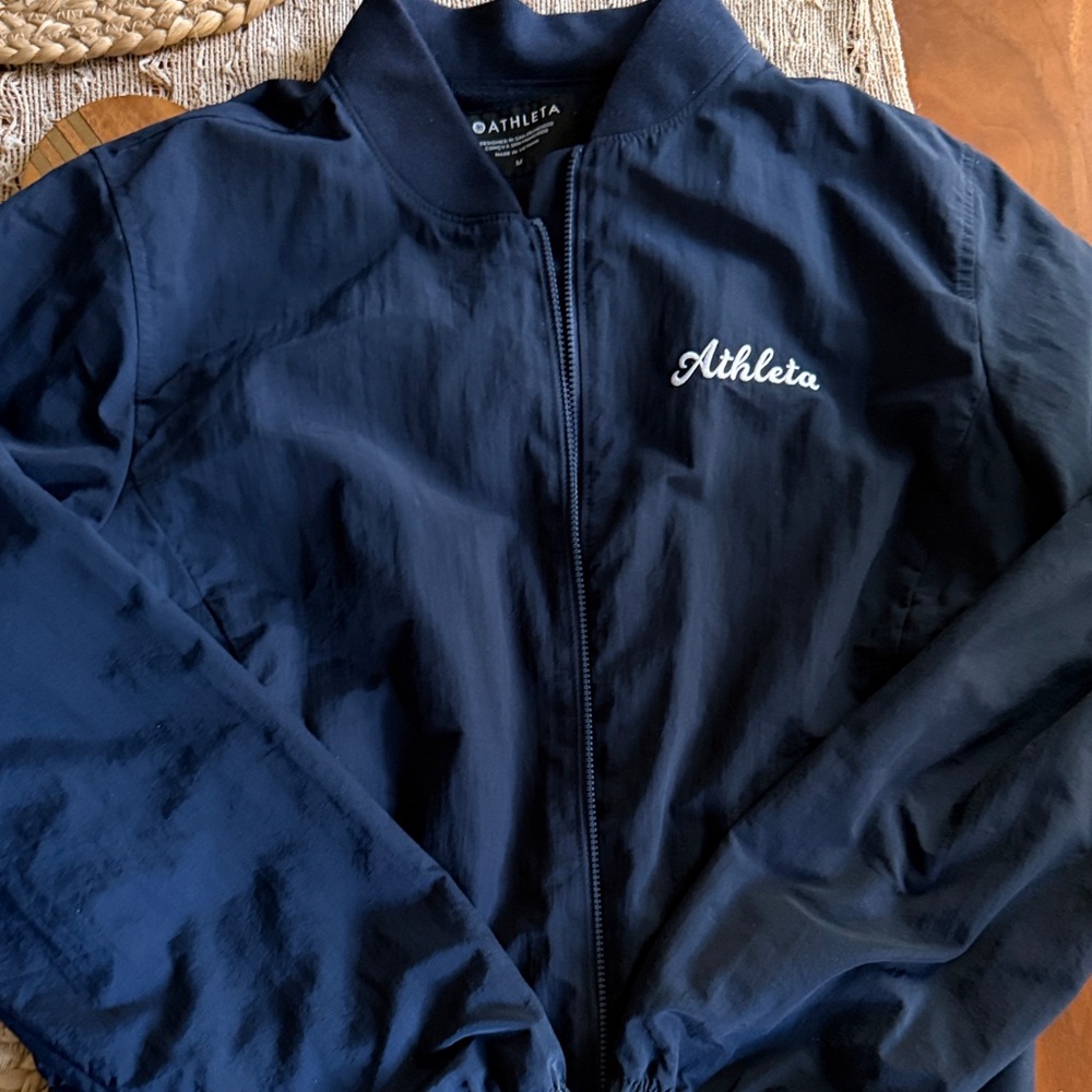 Athleta Navy Script Logo Zip-Up Jacket